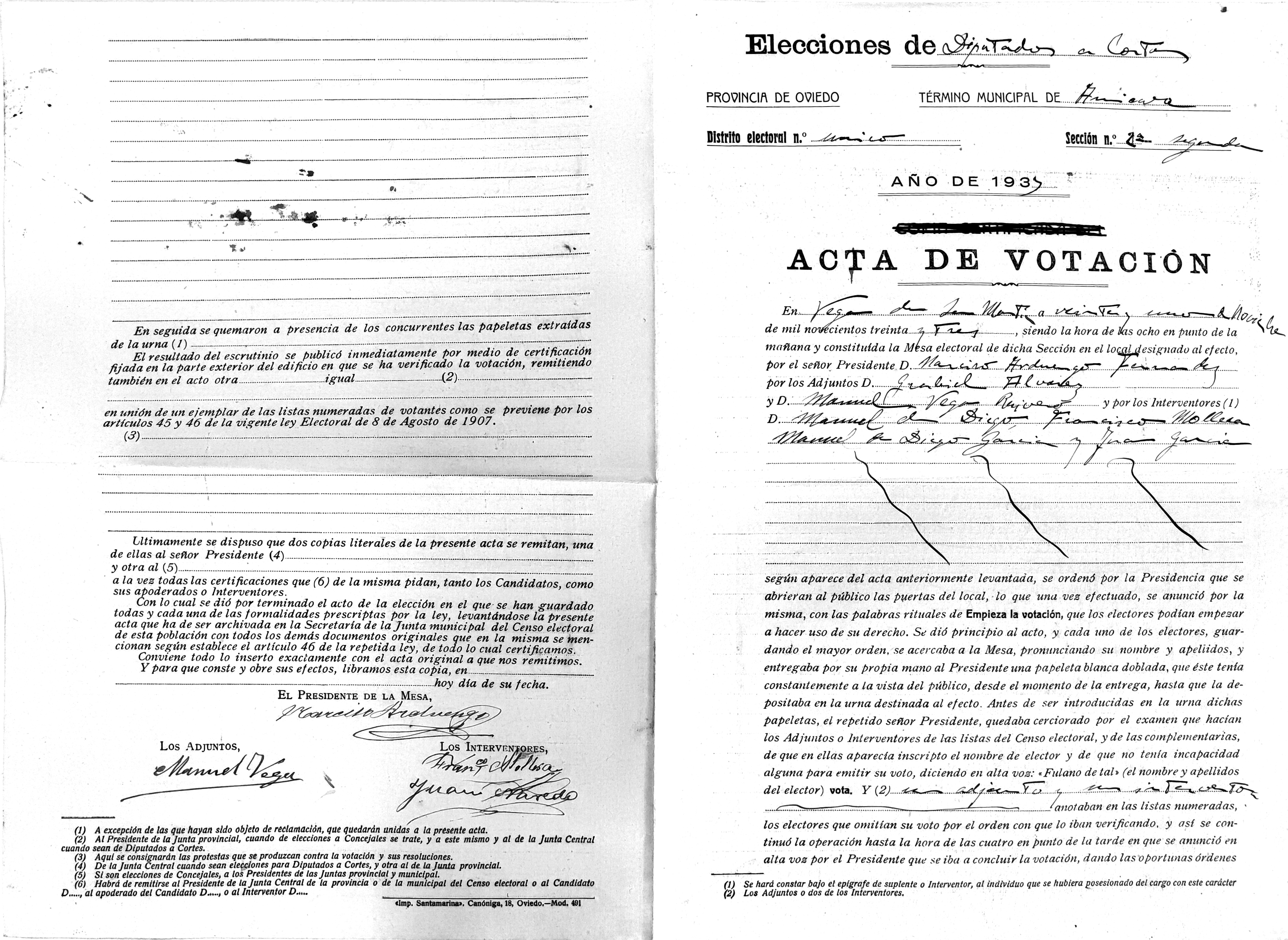 Acta de votación, provincia de Oviedo, 1933